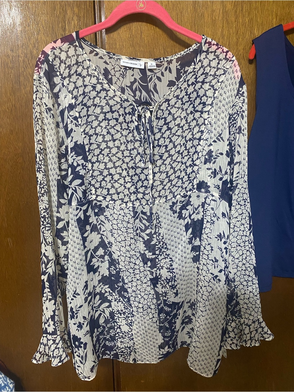 Susan Graver Navy Sleeveless Shell with Cream/Navy Printed Blouse Set - Picture 2 of 5